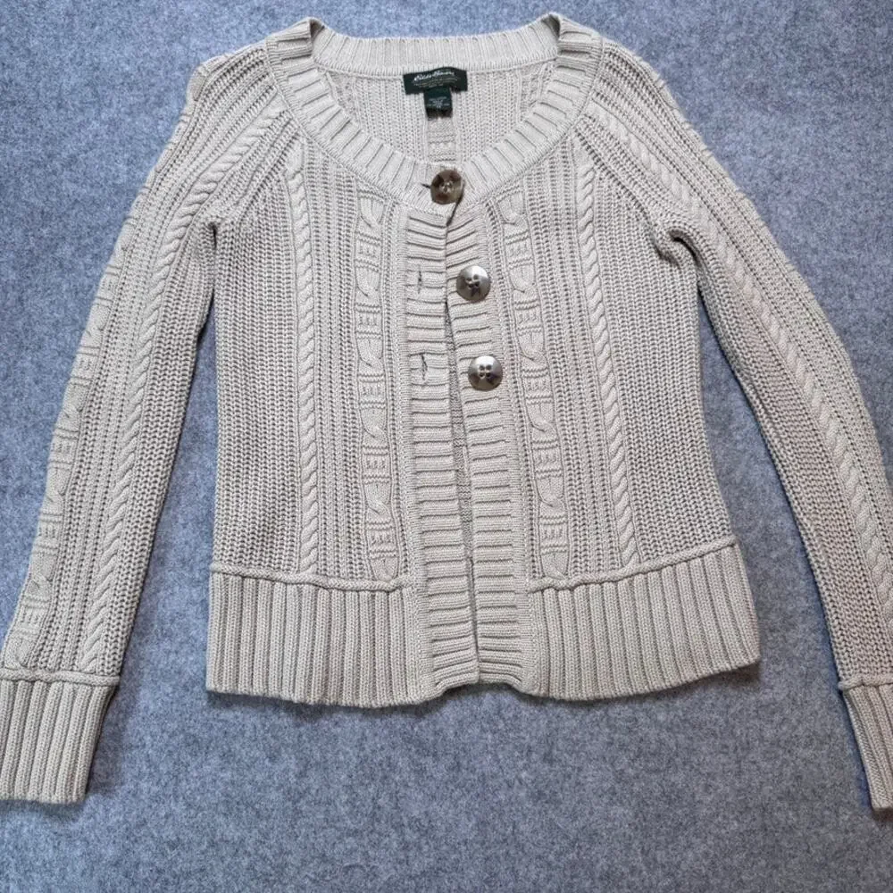 Eddie Bauer Women’s XS Cable Knit Cardigan Sweater 100% Cotton Beige Button